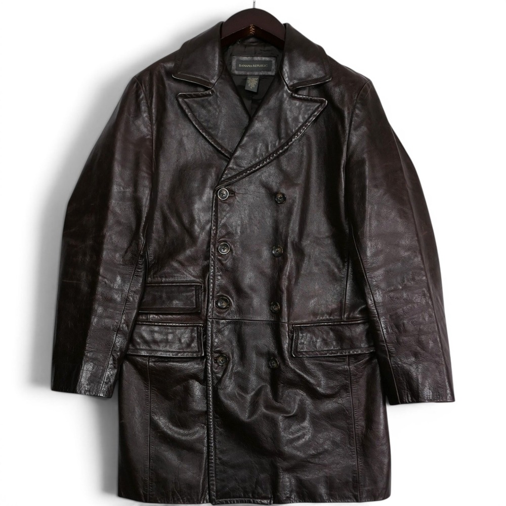VTG Banana Republic Mens S Brown Leather Double Breasted Fight Club Pea Coat Y2K